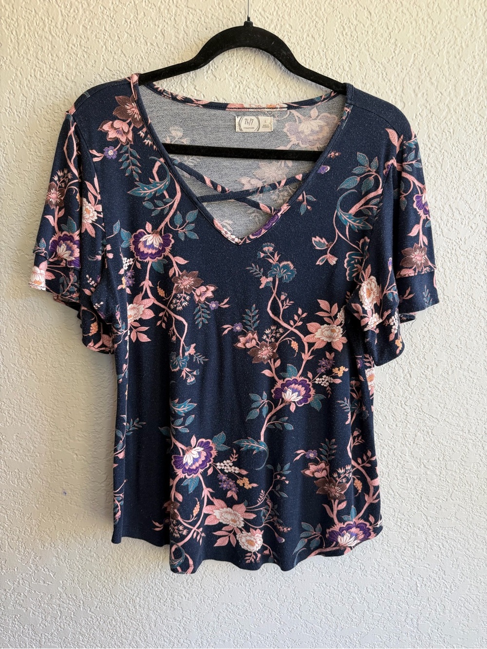 Floral Navy V-Neck Short Sleeve Top with Crisscross Detail